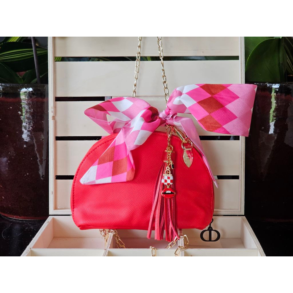 Christian Dior Red Clutch w/Crossbody Chain, Charms & Twilly Added NWOT - Picture 3 of 15